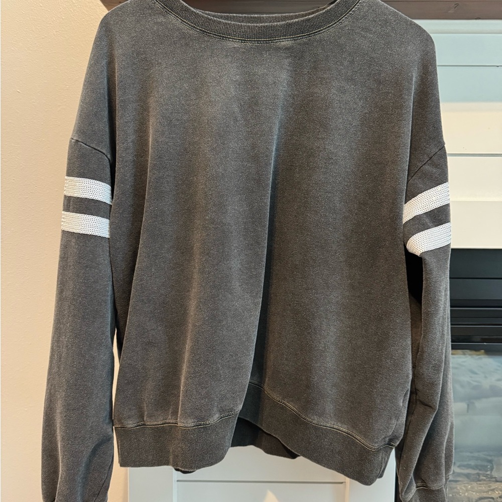 White Birch Charcoal sweatshirt material  XL with white sequences sleeves